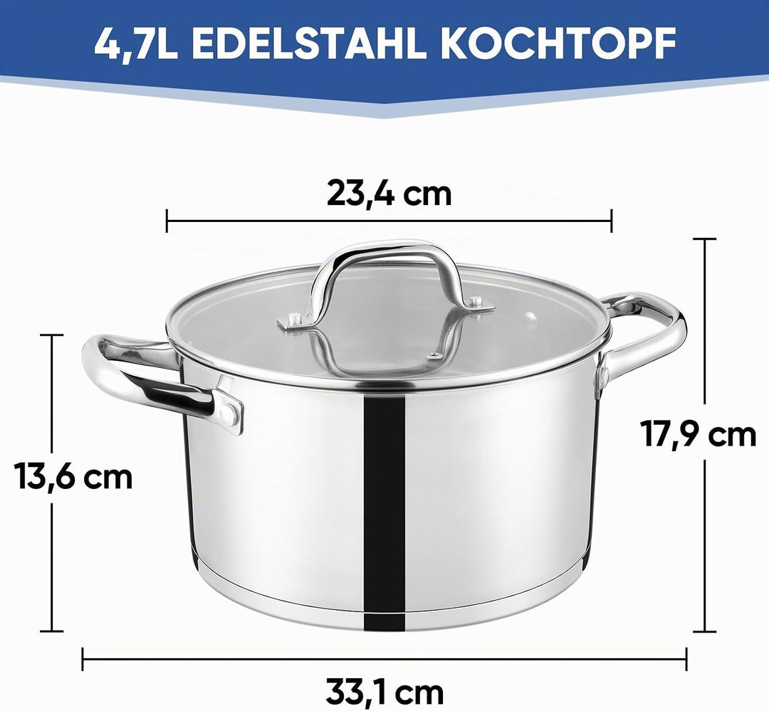 22cm Kochtopf, Onader 3-Lagiger Boden Edelstahl Topf Induktion mit Glasdeckel, 4,7L Nudeltopf Suppen