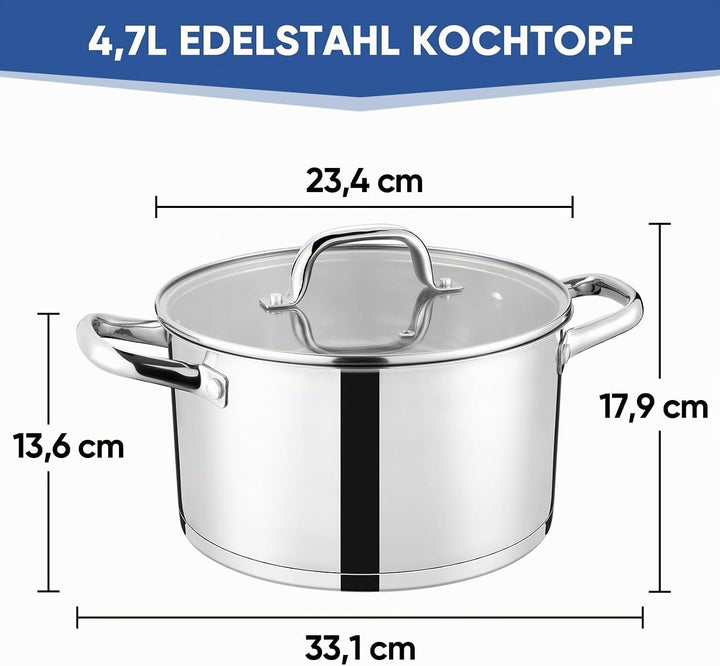 22cm Kochtopf, Onader 3-Lagiger Boden Edelstahl Topf Induktion mit Glasdeckel, 4,7L Nudeltopf Suppen