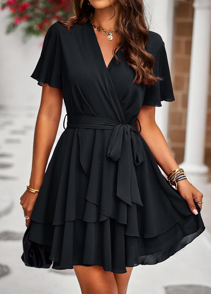 Jiraewh Damen Chiffon Kurz Kleid V-Ausschnitt Kurzarm Sommerkleid Tunika Kleider Einfarbig Elegant R