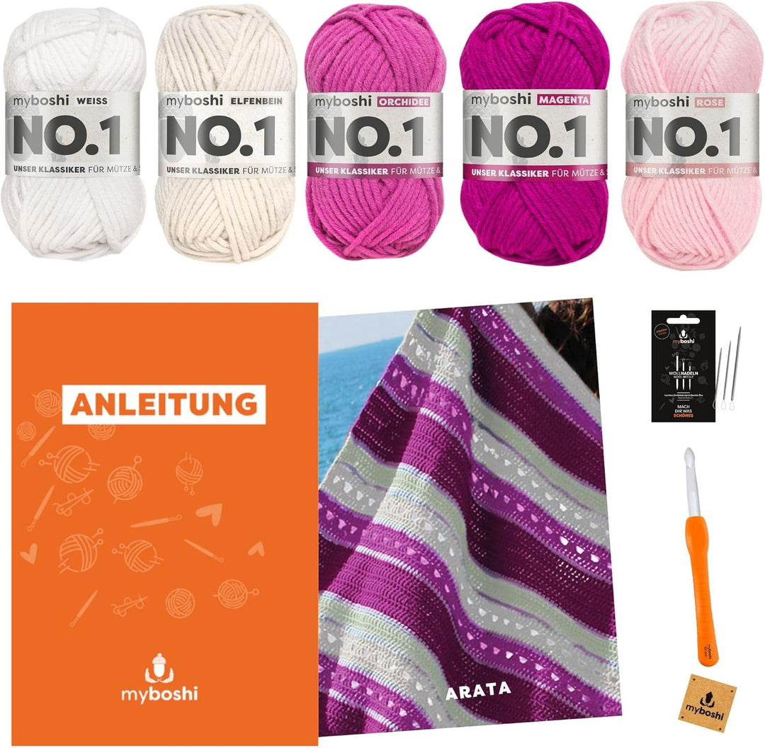 myboshi Häkelset Decke Arata, inkl. No.1 Wolle, Häkelnadel und Anleitung, Häkelpaket, 30% Merinowoll