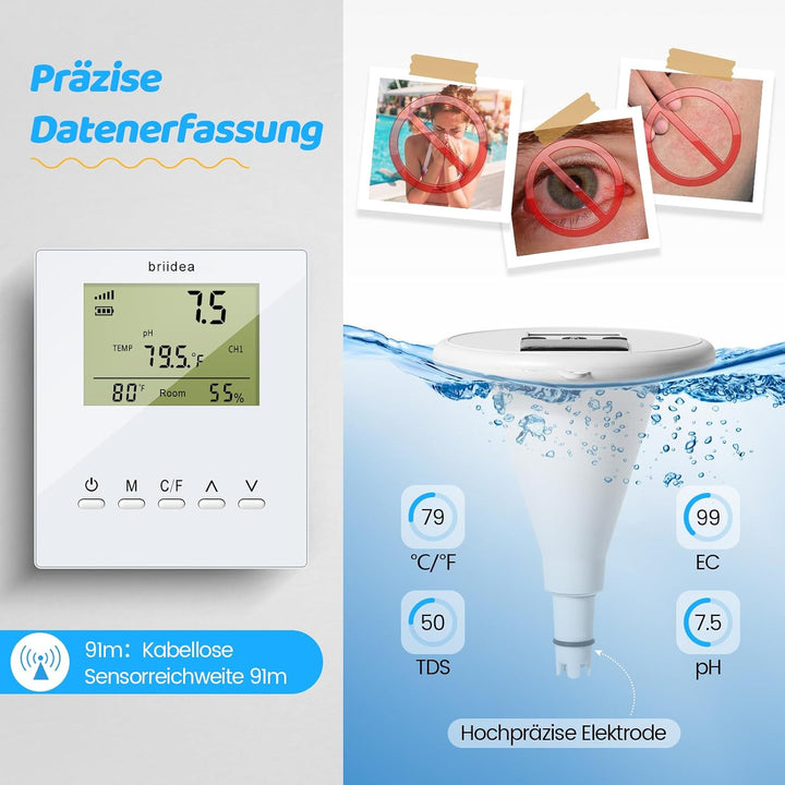 briidea Kabelloses Digitales Schwimmbad-Wasserprüfgerät Mit Zwei Displays &amp; Hochpräziser Elektrode Z
