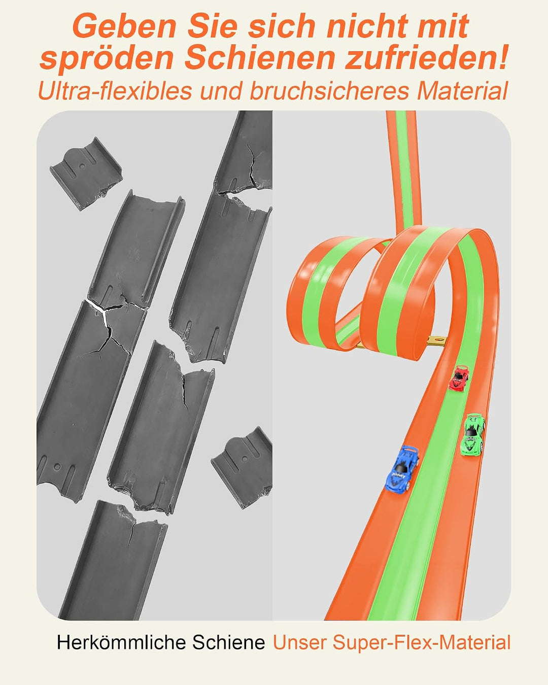 Flexible 3-Spur-Rennbahn für Kinder, 5 m Lange aufrollbare Rennbahn mit 6 Autos, batterieloses Set o