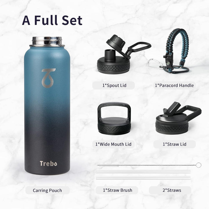 Trebo Isolierte Wasserflasche mit Paracord-Griff, lebensmittelecht, doppelwandig, vakuumiert, Edelst