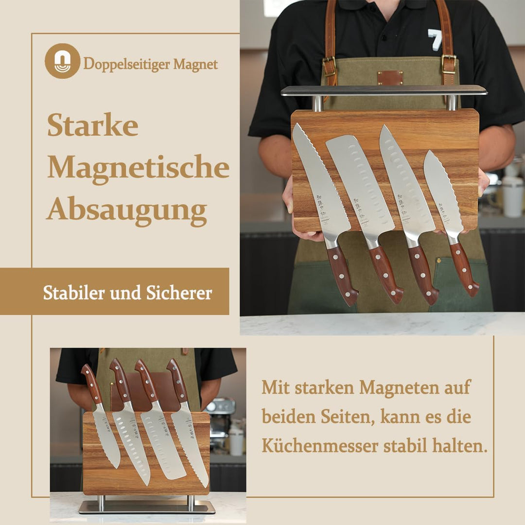 HEZHEN Magnetischer Messerhalter Holz, Doppelseitiger Starker Magnet Akazienholz Messerblock, mit Ed