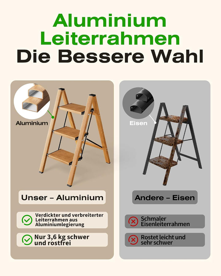 Trittleiter 3 Stufen klappbar,Tritthocker aus Aluminium | 150 kg Tragfähigkeit,Leiter mit rutschfest