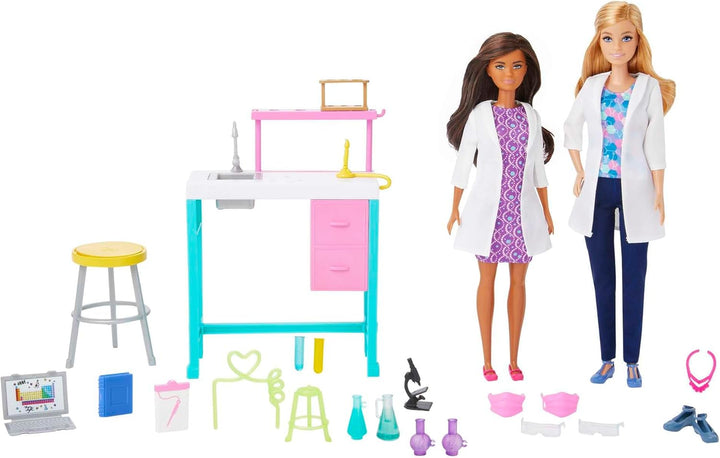 Barbie Wissenschaftslabor-Spielset mit 2 Puppen, Labortisch und mehr als 10 Zubehörteilen, HJY95