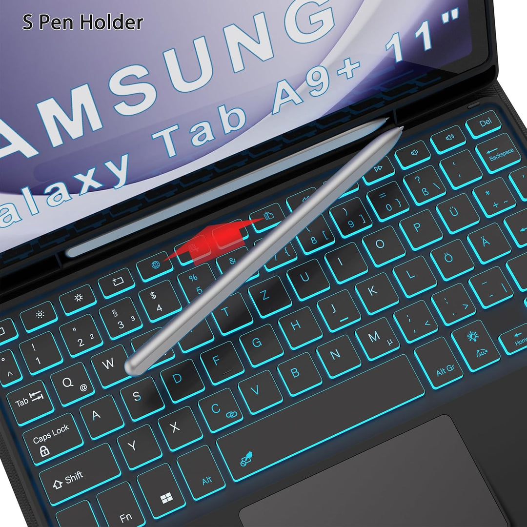 Für Galaxy Tab A9+ Hülle mit Tastatur - 7 Farben Beleuchtung Abnehmbare Trackpad Tablet Cover - Bele