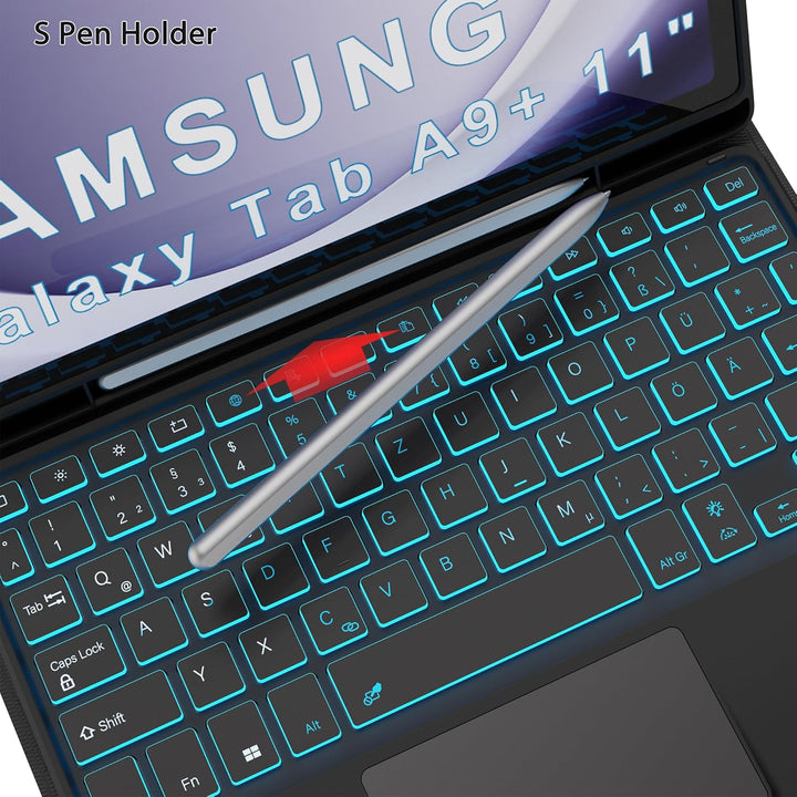 Für Galaxy Tab A9+ Hülle mit Tastatur - 7 Farben Beleuchtung Abnehmbare Trackpad Tablet Cover - Bele