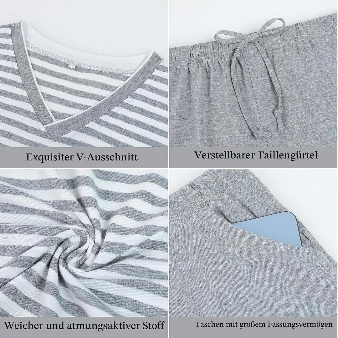 Schlafanzug Herren Kurz aus Baumwolle mit Kontraststreifen Design, Sommer Pyjama Set Oberteile und K