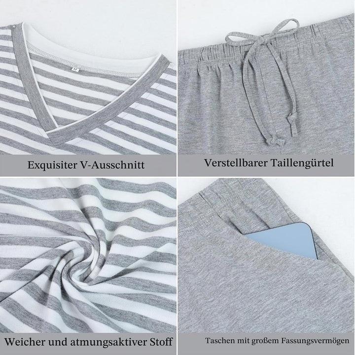 Schlafanzug Herren Kurz aus Baumwolle mit Kontraststreifen Design, Sommer Pyjama Set Oberteile und K