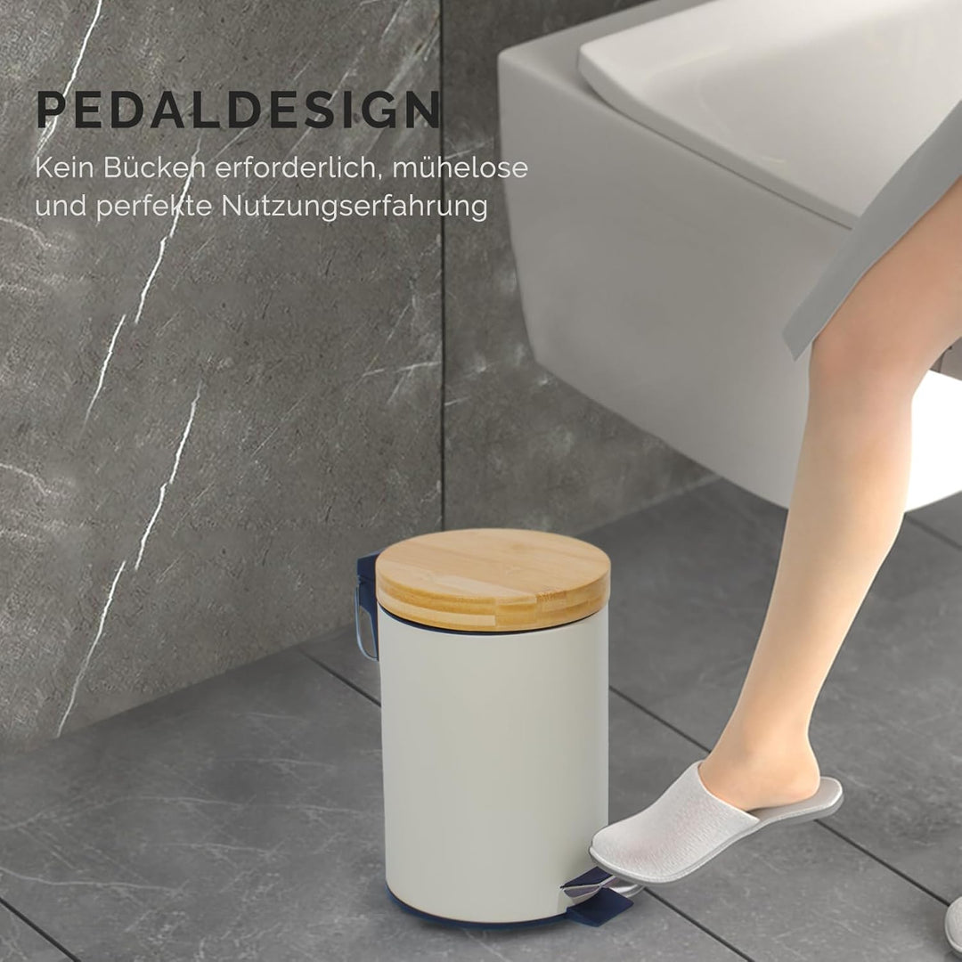 3L Mülleimer Bad mit Bambusdeckel, Kosmetikeimer mit Absenkautomatik (Soft Close), Badezimmer eimer,