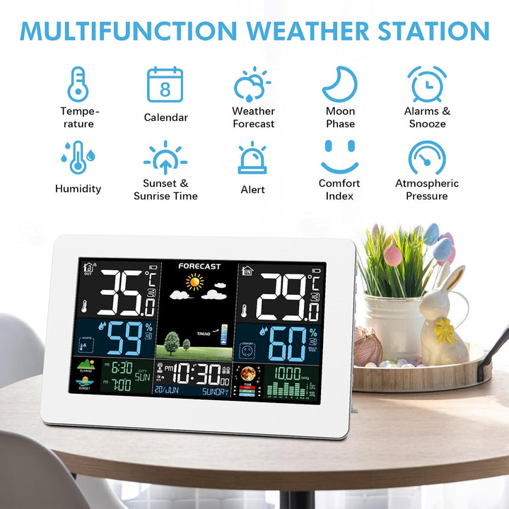 VOKSUN Wetterstation Funk mit Aussensensor, Digital Farbdisplay Funkwetterstation, DCF Funkuhr Wette
