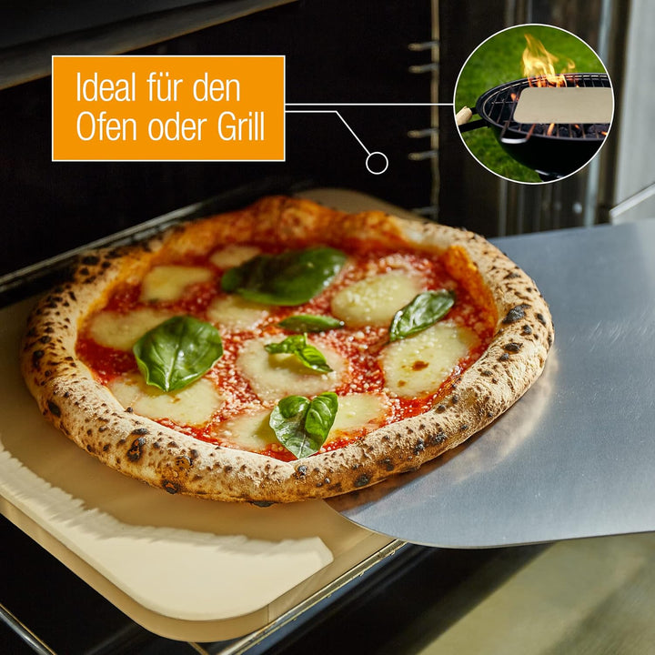 Amazy Pizzastein inkl. Aluminium Pizzaschaufel, Dauerbackfolie und Rezepte Heft – Der hitzebeständig