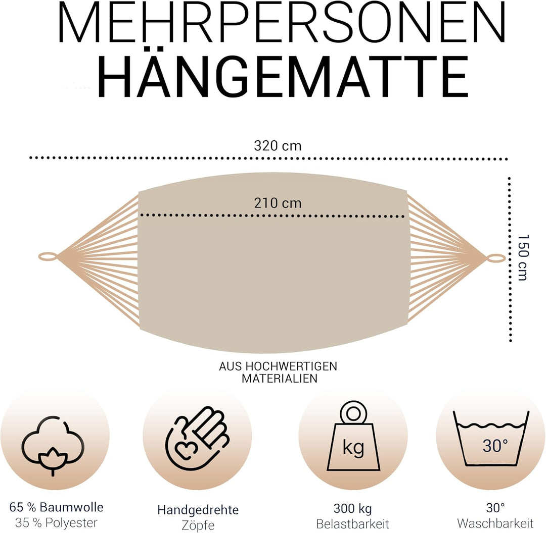 Kronenburg Mehrpersonenhängematte 210 x 150 cm, Belastbarkeit bis 300 kg – Indoor &amp; Outdoor Hängemat
