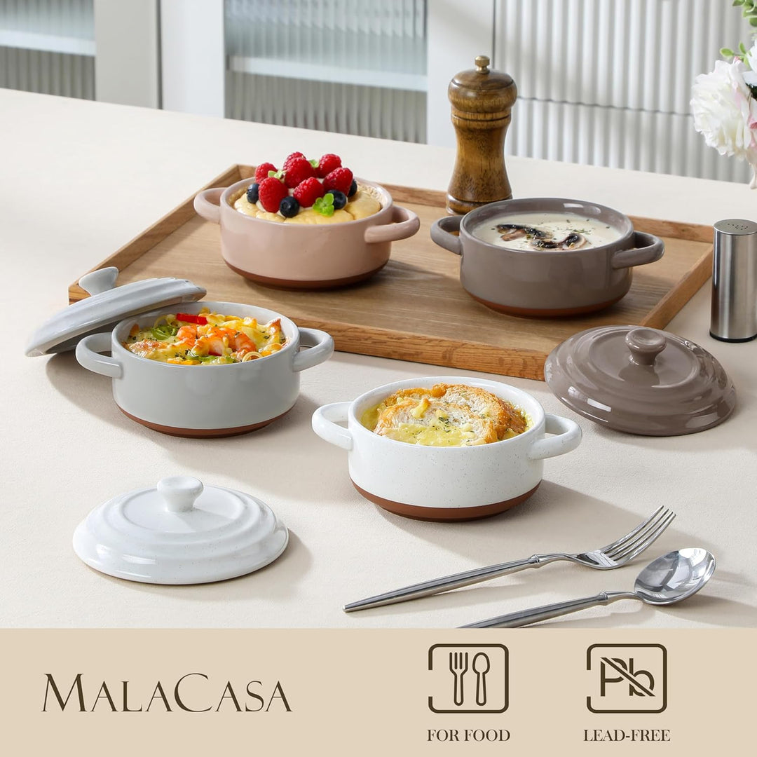MALACASA Mini Cocotte Set 440 ml, 4 Stück Auflaufform Klein aus Steingut mit Deckel und Griffen, für