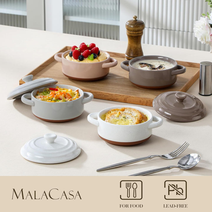 MALACASA Mini Cocotte Set 440 ml, 4 Stück Auflaufform Klein aus Steingut mit Deckel und Griffen, für