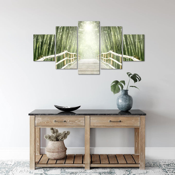 Runa Art Wandbilder Brücke Bambus 5 Teilig Bild auf Vlies Leinwand Deko Wohnzimmer Schlafzimmer Wald