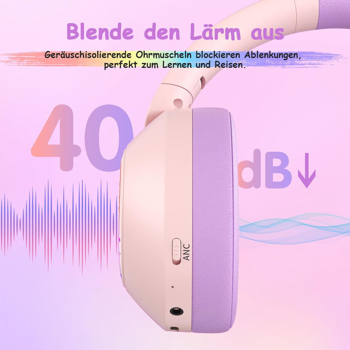 Noise Cancelling Kopfhörer Kinder, Kinderkopfhörer Bluetooth, Bunte RGB LED Leuchte, 60h Spielzeit,