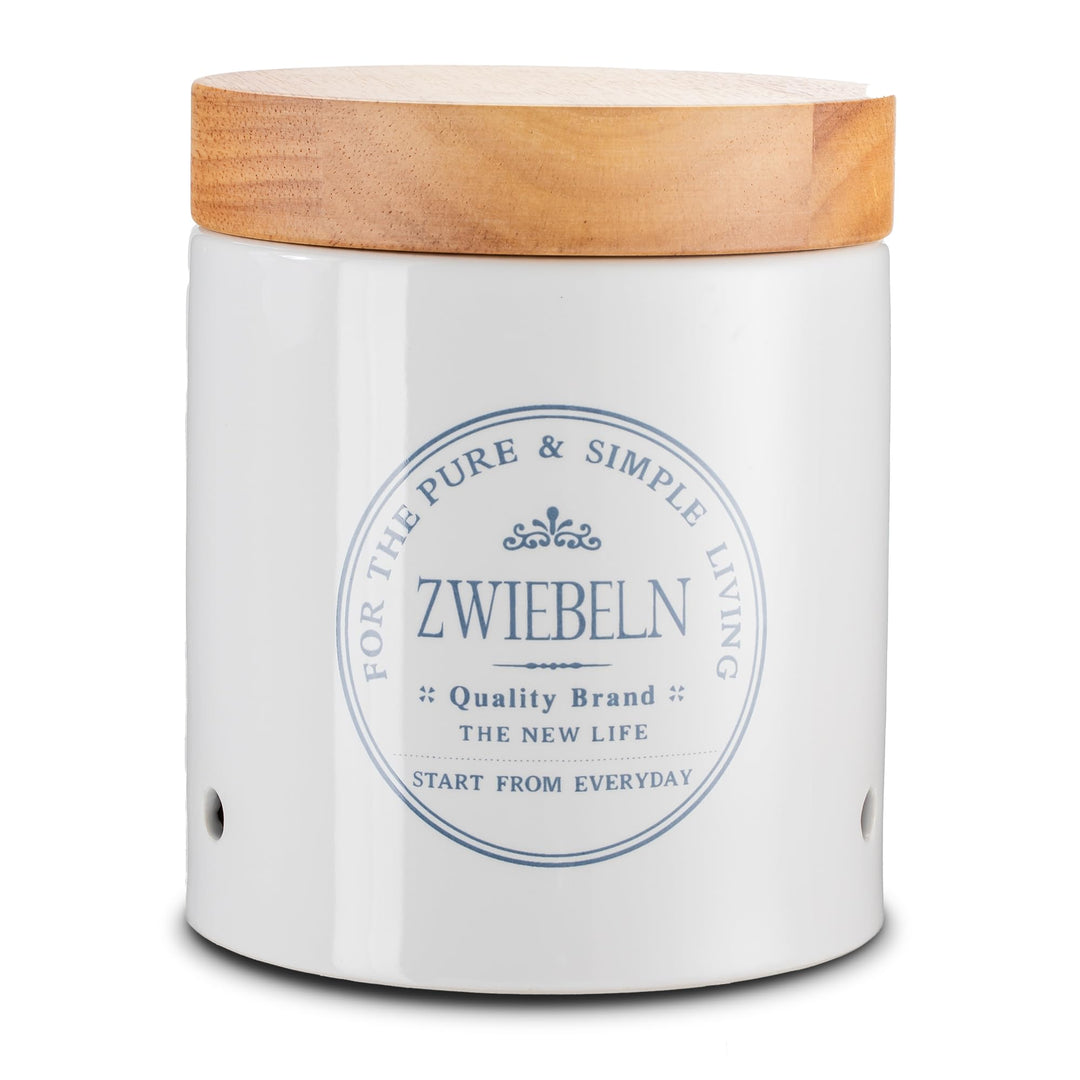 KHG Zwiebeltopf Keramik Steingut Weiss Holzdeckel Bambus, Zwiebel Aufbewahrung, 1kg Kapazität, Zwieb