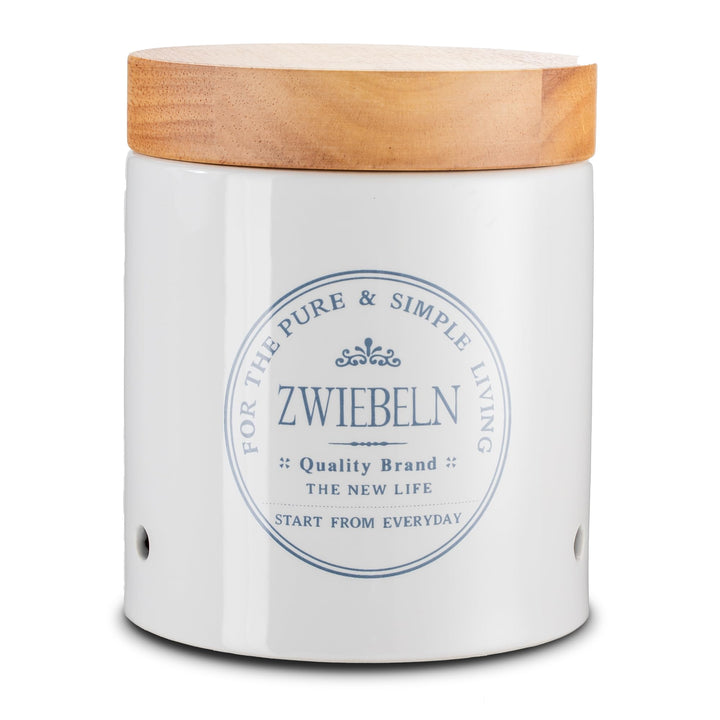 KHG Zwiebeltopf Keramik Steingut Weiss Holzdeckel Bambus, Zwiebel Aufbewahrung, 1kg Kapazität, Zwieb
