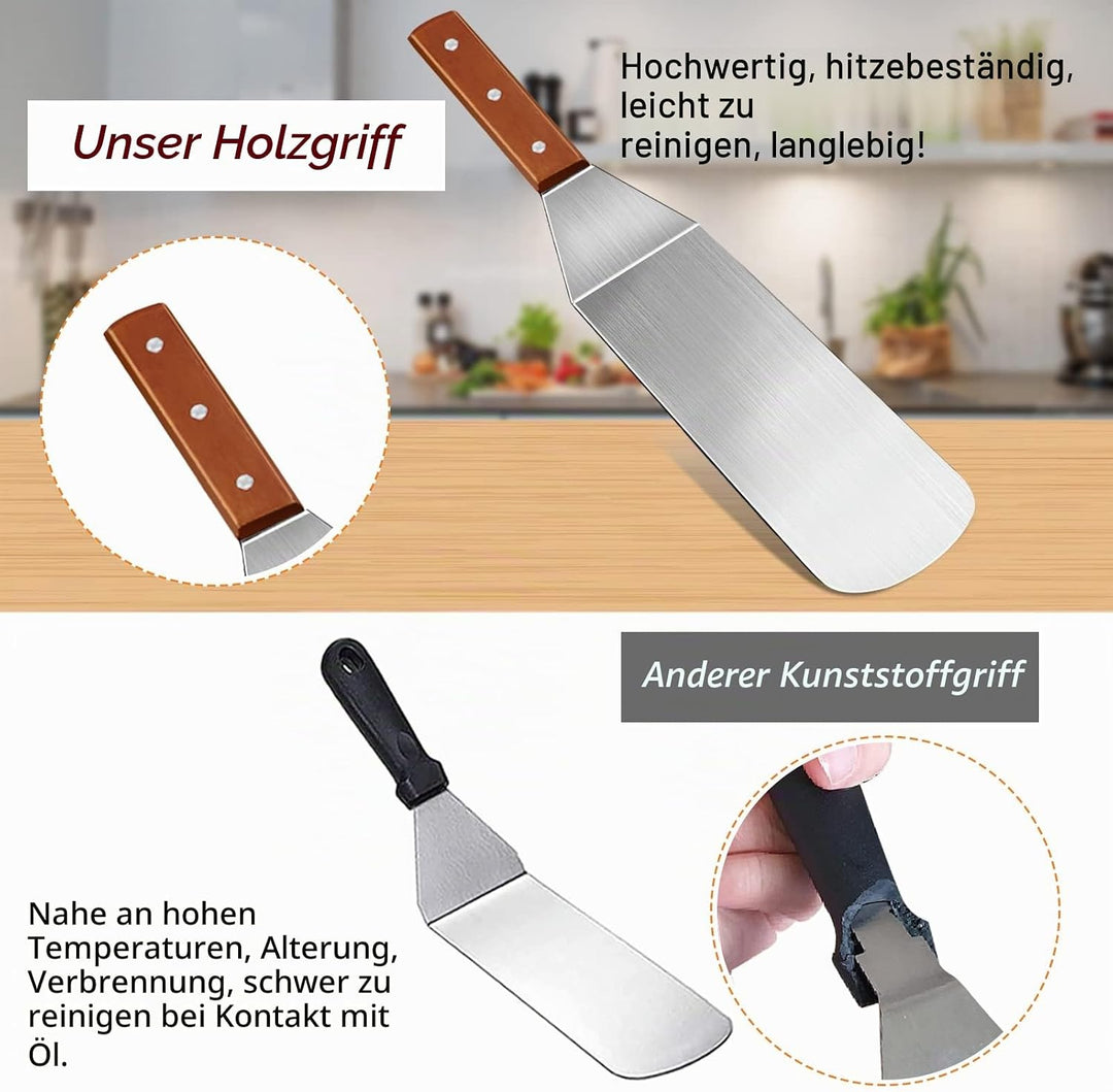 MAIKEHIGH Grillspachtel Plancha Kit Edelstahl Grillbesteck - 9 Stück Schwerer Edelstahl Pfannenwende