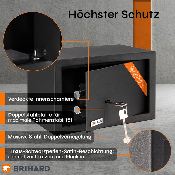 Brihard Home Tresor Safe mit Doppelbartschloss - 20x31x20cm Sicherheits-Safe 11 L - Titangraue kratz