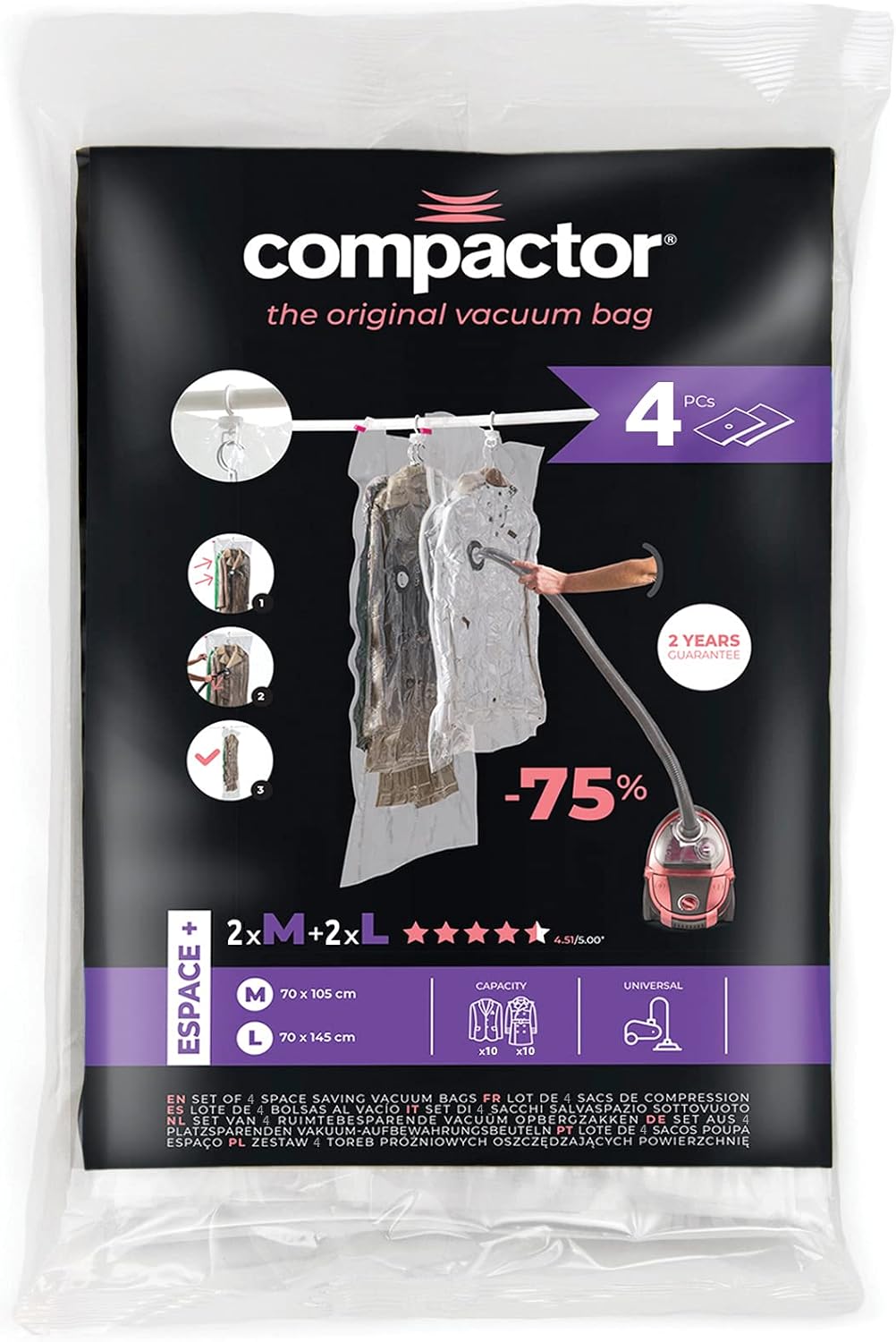 Compactor - 4er-Set Vakuumbeutel zum Aufhängen (2x M + 2x L) - Kleidung für Schrank und Garderobe ko