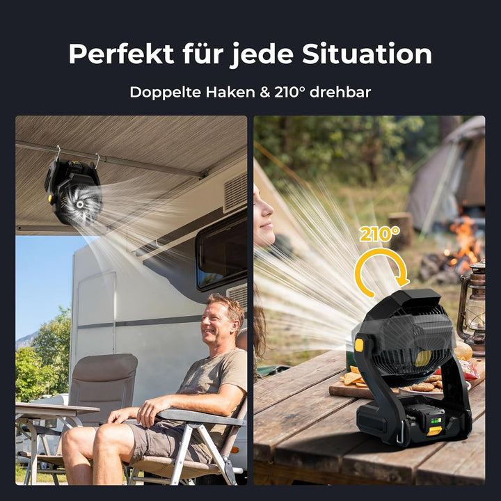 BougeRV F02 Camping Ventilator mit Akku 72 Std. Stufenlos 7,5m/s, AC/DC | 144Wh Akku Laufzeit, Tragb