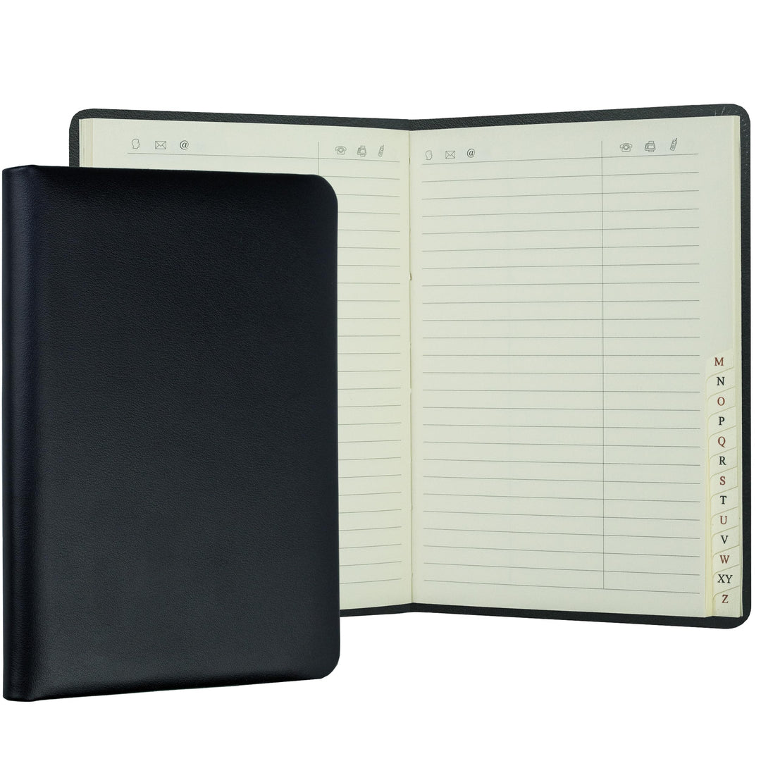DELMON VARONE - Personalisierbares Adressbuch DIN A6+ gebunden mit A-Z Register Boxcalf Leder schwar