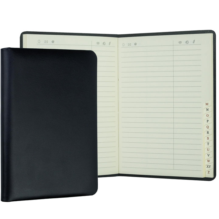 DELMON VARONE - Personalisierbares Adressbuch DIN A6+ gebunden mit A-Z Register Boxcalf Leder schwar
