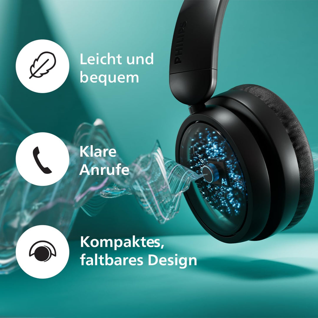 Philips TAH5219BK Leichter ohraufliegender kabelloser Bluetooth-Kopfhörer mit passiver Geräuschisoli