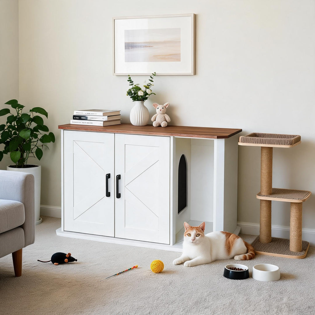Katzenklo Schrank, Katzentoilettenmöbel, 2 Türen mit Seiteneingang | 85 x 49 x 50 cm, PB-Spanplatte,