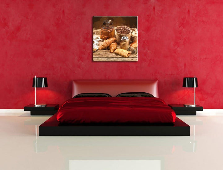 Pixxprint Aromatischer Kaffee mit Croissant als Leinwandbild Quadratisch/Grösse: 70x70 / Wandbild/Ku