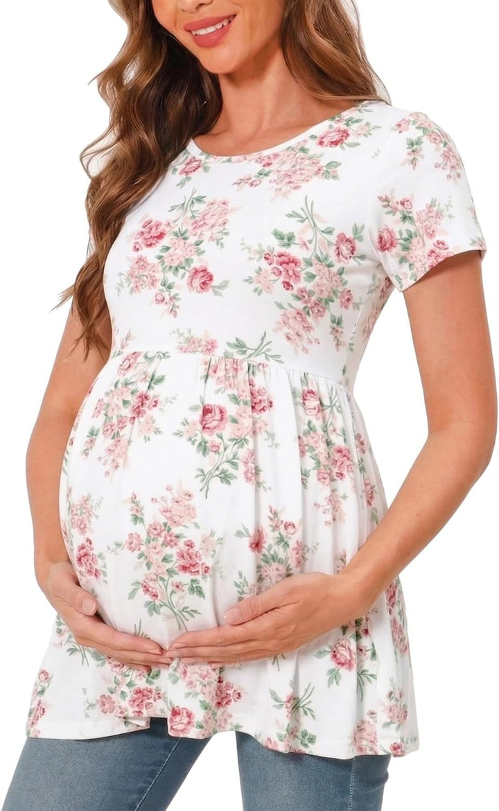 Bearsland Maternity Tops Short Sleeve Scoop Neck Breastfeeding T-Shirt Pregnancy Clothes S Gray Gree
