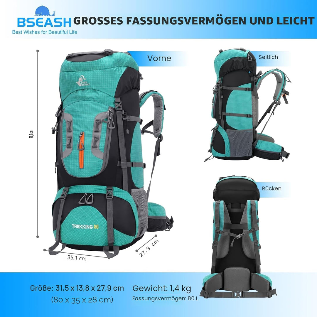 Bseash 80L Wasserdichter Wanderrucksack mit Regenschutz, leichter Outdoor-Sport, Reisen, Tagesrucksa
