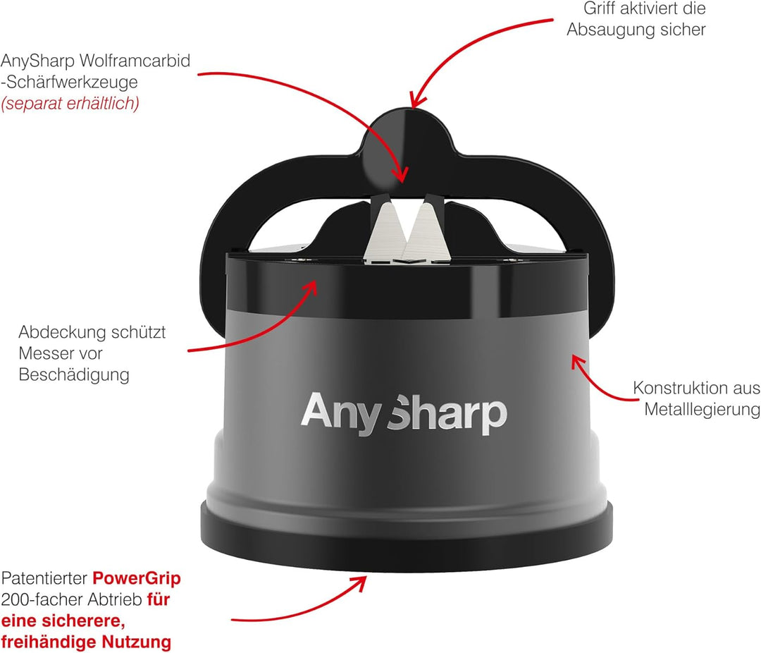 AnySharp Pro Metall Messerschärfer, Freihändige Sicherheit, PowerGrip Saugnapf, Schärft alle Küchenm