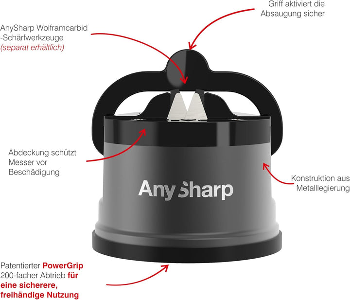 AnySharp Pro Metall Messerschärfer, Freihändige Sicherheit, PowerGrip Saugnapf, Schärft alle Küchenm