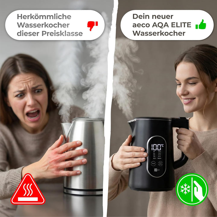 aeco AQA ELITE elektrischer Wasserkocher Edelstahl schwarz-matt mit Temperatureinstellung Tee-Kocher