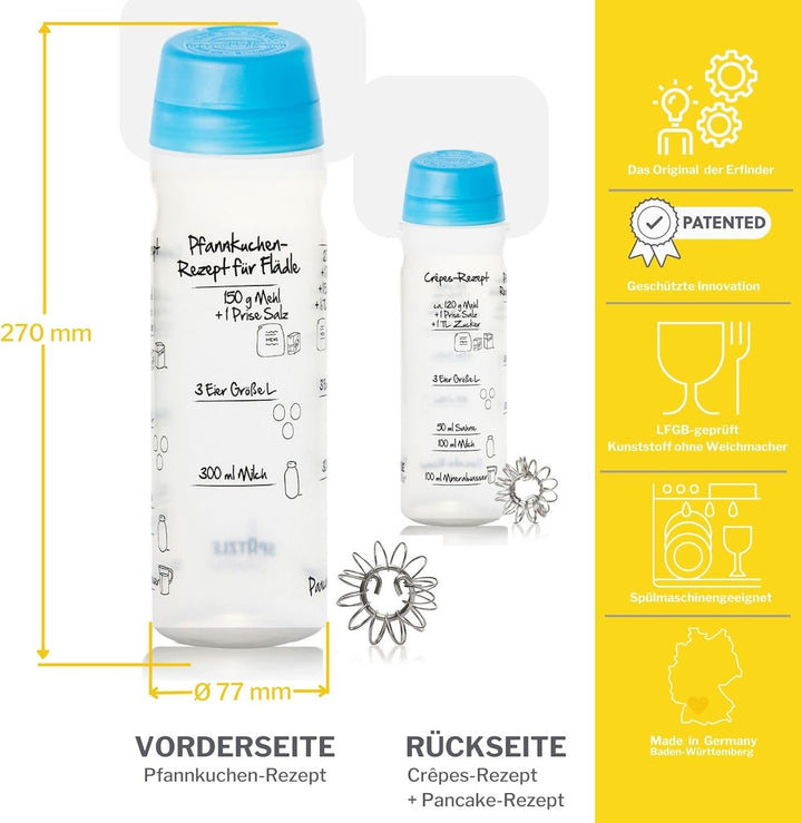 Pfannkuchen-Shaker (875ml, blau) einfach Teig machen und portionieren mit Rezeptaufdruck für Crêpes,