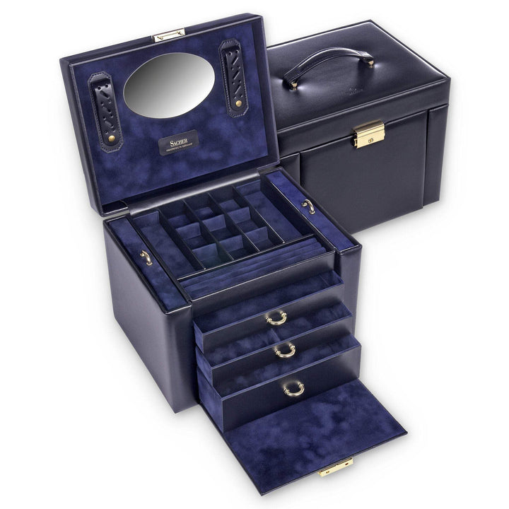 SACHER Schmuckkasten Marta - Handmade in Germany - Breite 27 cm (navy | acuro | Leder), Navy | Acuro