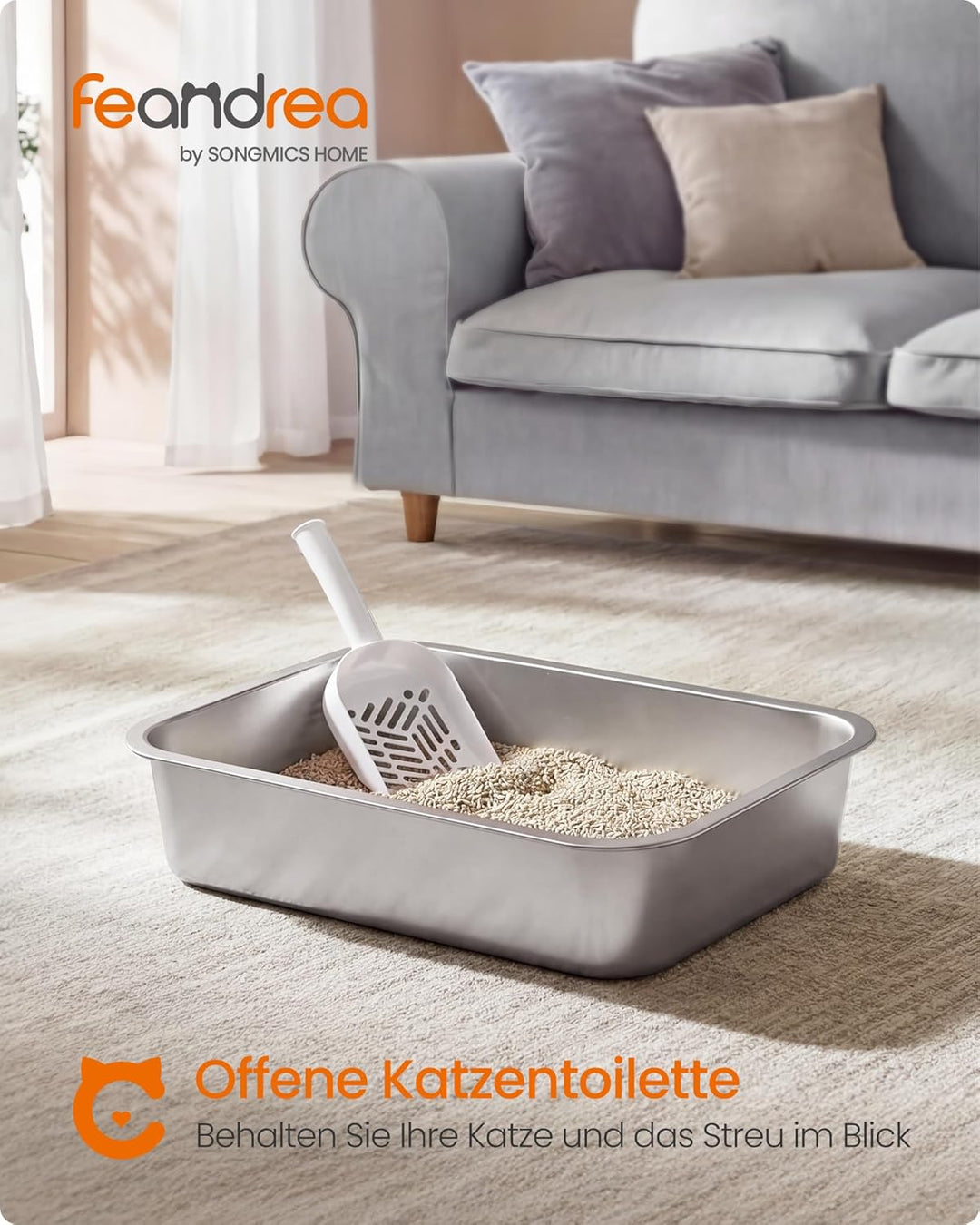 Feandrea Katzenklo Edelstahl, Katzentoilette offen, mit Schaufel, antihaftbeschichtet, geruchsfrei,