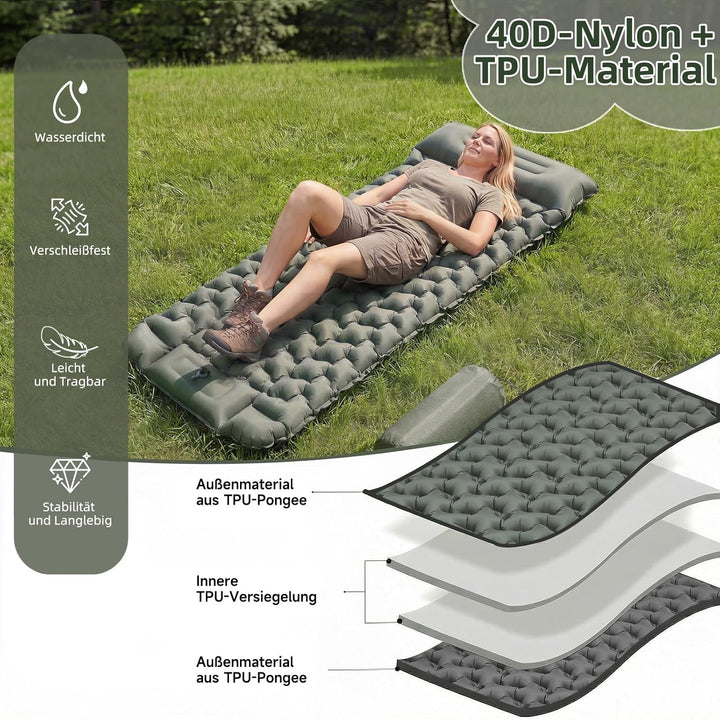 HAUSPROFI Isomatte Camping Luftmatratze extra breit, Ultraleicht, aufblasbar – mit integriertem Kiss