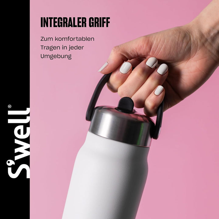 S'well Explorer Flasche aus recyceltem Edelstahl mit Klapp-Trinkhalm-Deckel, 700 ml, Stil weisser Mo