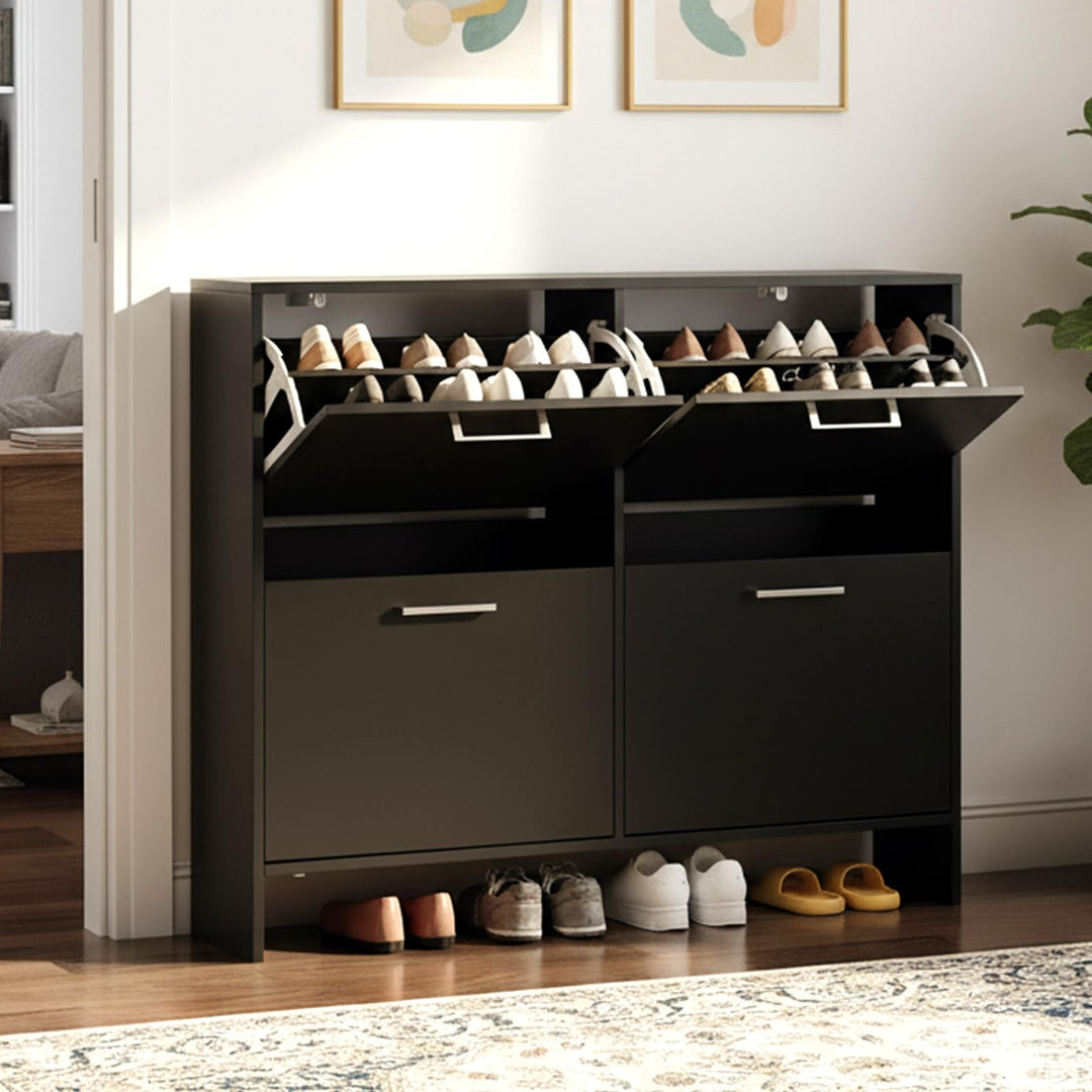 LEADZM Schuhschrank Schmal,Schuhkipper 106,5 x 24 x 90 cm Schwarz | mit 4 Flip-Schubladen Schuhregal