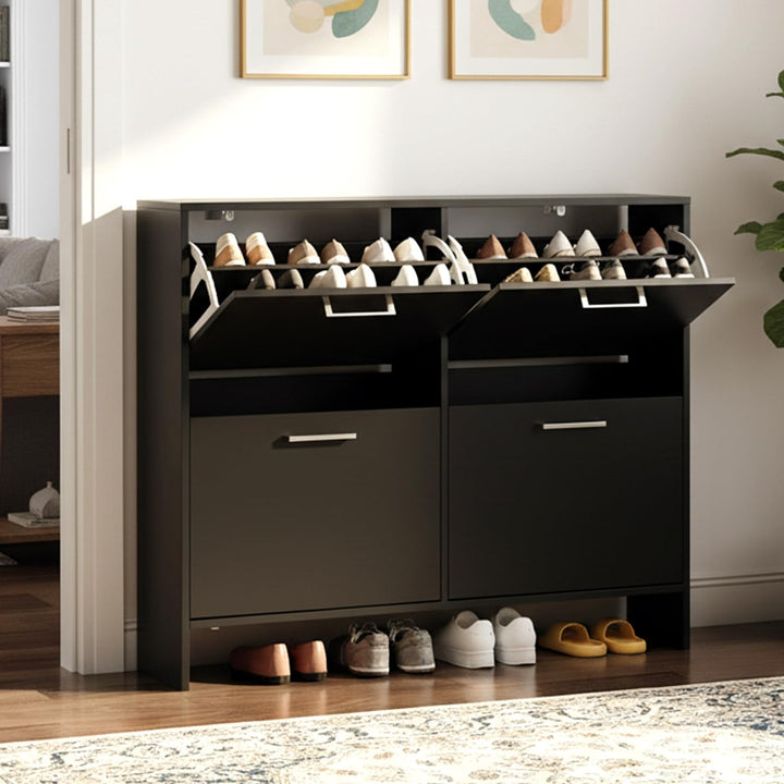 LEADZM Schuhschrank Schmal,Schuhkipper 106,5 x 24 x 90 cm Schwarz | mit 4 Flip-Schubladen Schuhregal