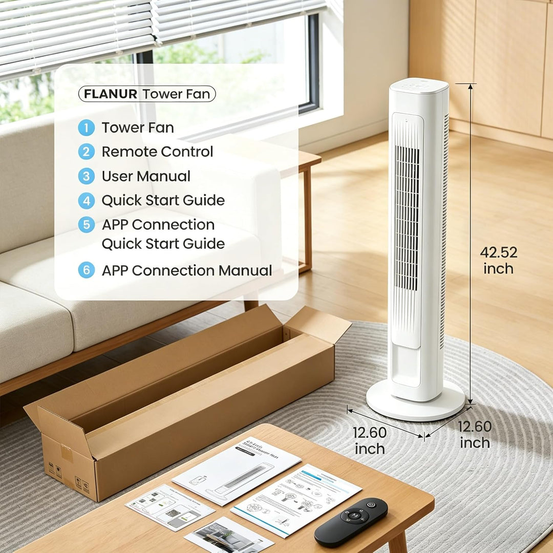 FLANUR Turmventilator, 23dB Ventilator Leise mit Kühlung, 108cm WiFi Alexa Tower Fan mit Fernbedienu