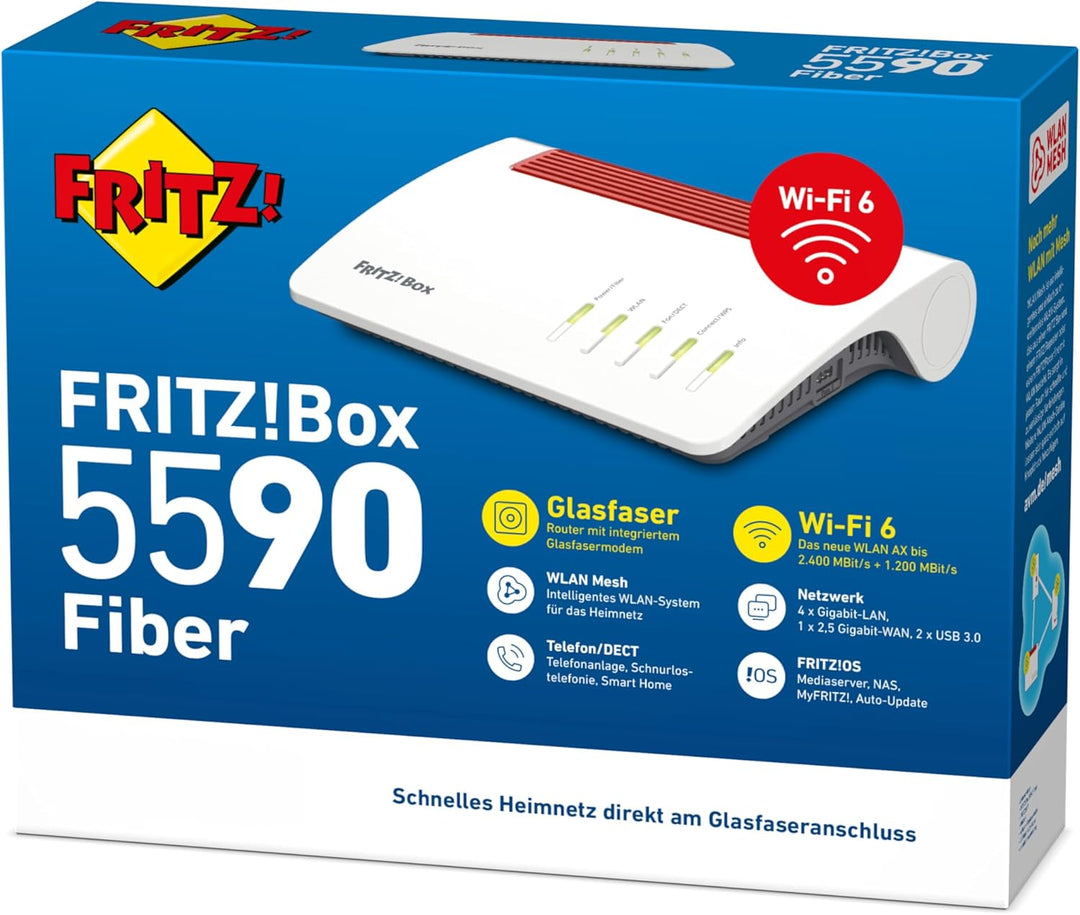 AVM FRITZ!Box 5590 Fiber (Wi-Fi 6 Glasfasermodem (WLAN AX), bis 2.400 MBit/s (5 GHz) und 1.200 MBit/