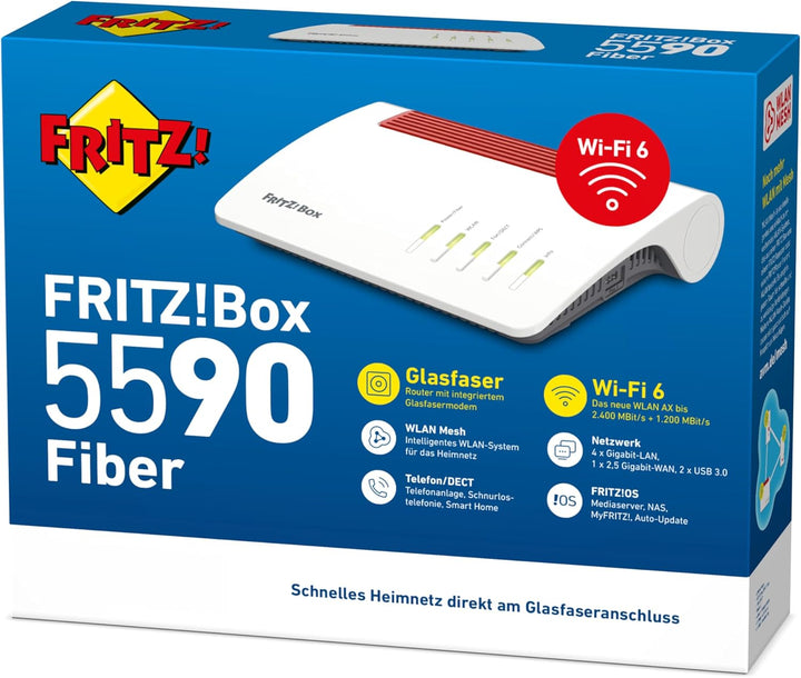 AVM FRITZ!Box 5590 Fiber (Wi-Fi 6 Glasfasermodem (WLAN AX), bis 2.400 MBit/s (5 GHz) und 1.200 MBit/