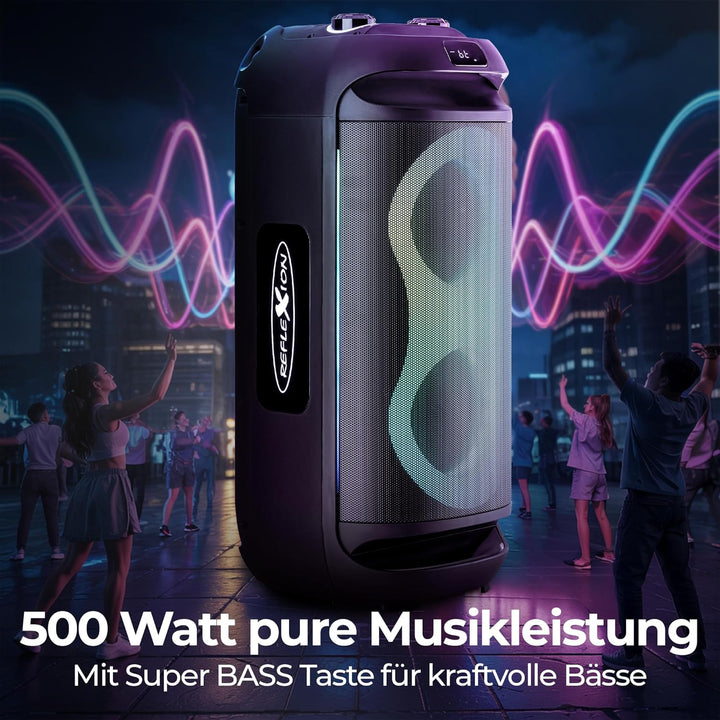 REFLEXION PSX40BT Mobiler Buetooth Partylautsprecher, DJ, Karaoke, 500 Watt, FM PLL Stereo Radio, Di