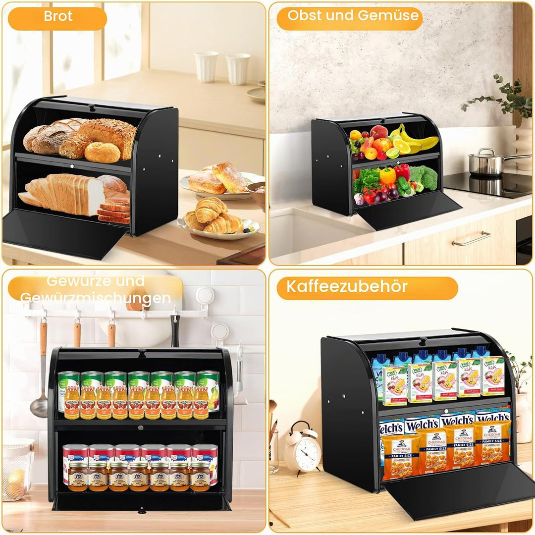 Edelstahl Brotkasten 2 Etagen mit Rolltop Deckel, extragrosser Brotbox Schwarz, Metall Brotbehälter